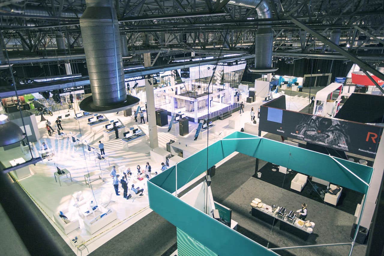 aerial view of an expo hall at the Venetian Resort with events happening. 