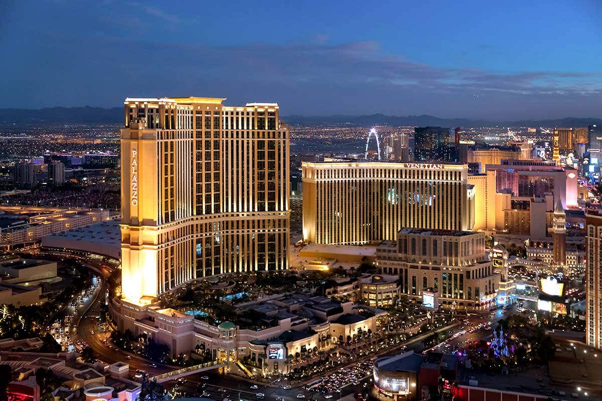 Aerial view of the Venetian at dusk.