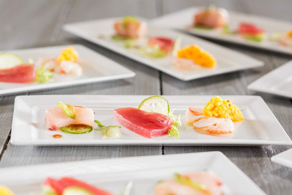 Sashimi sushi with garnishes.