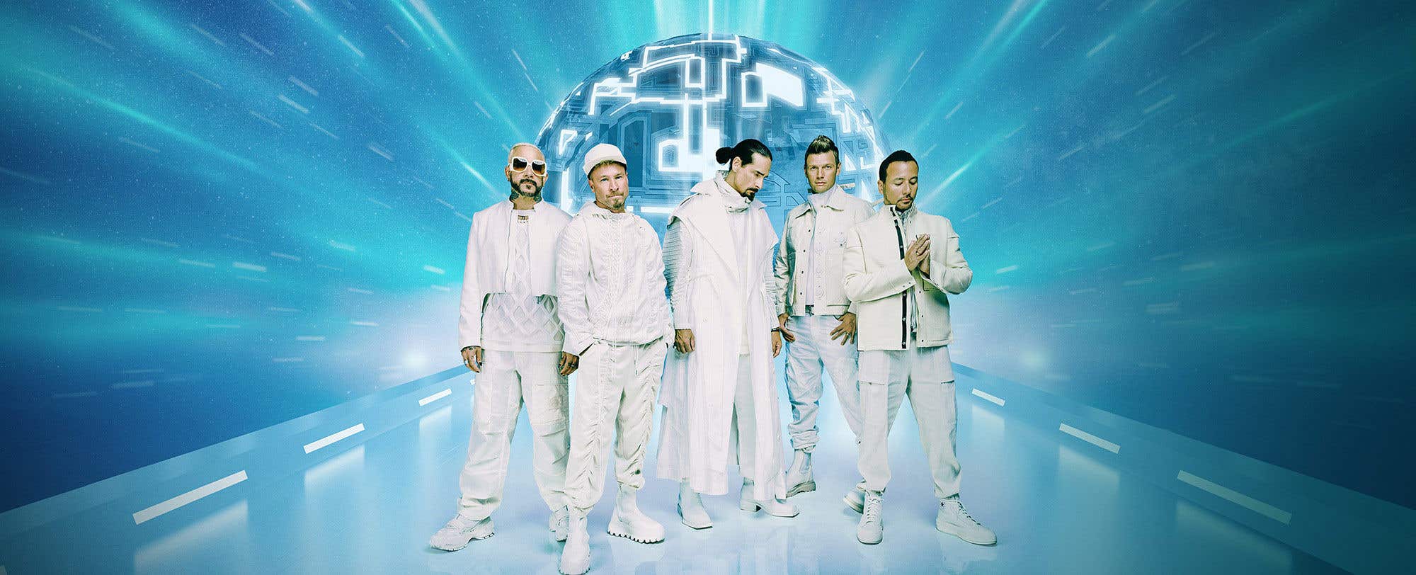 Backstreet Boys Millenium album art showing all 5 band members, dressed in white on blue background.